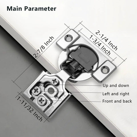 Heavy Duty Soft Close Cabinet Hinges 2 Pack No More Door Slams Smooth As Butter Satin Nickel showing dimensions and installation details.