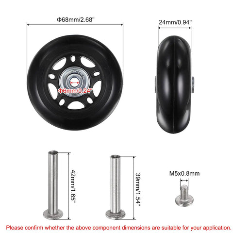 Road Ready Replacement Luggage Wheels For Suitcase Repair Kit with 68mm diameter black PU roller and metal axle parts.