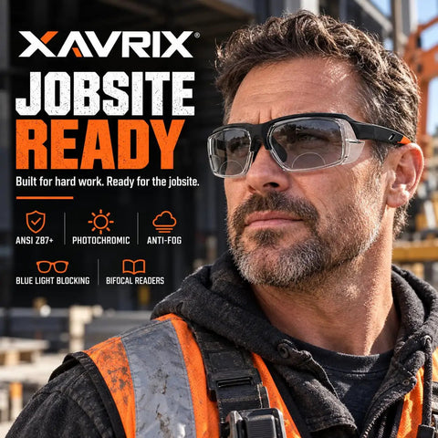 Kickass Real Deal Bifocal Photochromic Reader Safety Glasses With Side Shields Antifog UV400 Blue Light Blocking Plus 2.5 Magnification for sharp work, worn in construction.