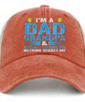 Cool Low Profile Trucker Cap For Dad Grandpa And Great Granddad Mens Hat In Saffron With Anti Sweat Band And Ventilated Crown Nothing Scares Me Everyday Outdoor Fun with text