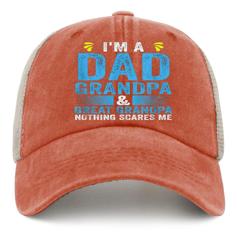 Cool Low Profile Trucker Cap For Dad Grandpa And Great Granddad Mens Hat In Saffron With Anti Sweat Band And Ventilated Crown Nothing Scares Me Everyday Outdoor Fun with text