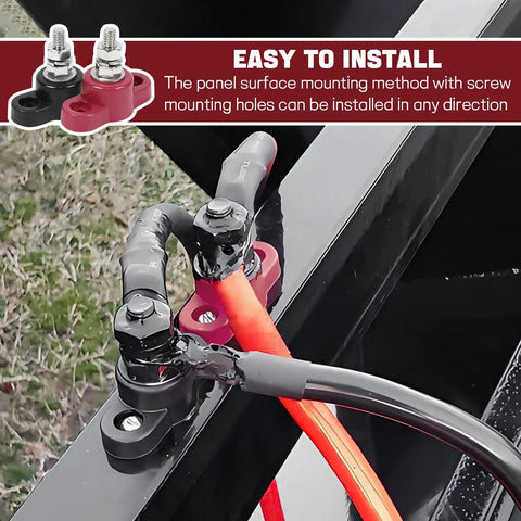 Heavy Duty Double Post Battery Junction Block Featuring Single Stud 12 Volt Power Distribution Bus Bar with red and black cables