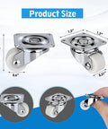 Eight Pack Mini Caster Wheels 0.6 Inch Low Profile Swivel Casters Non Marring Nylon Drawer Rollers Self Adhesive Plate Or Screw Mount Small Caster Wheels For Furniture Kitchen Appliances DIY Projects with size dimensions and close-up installation view.