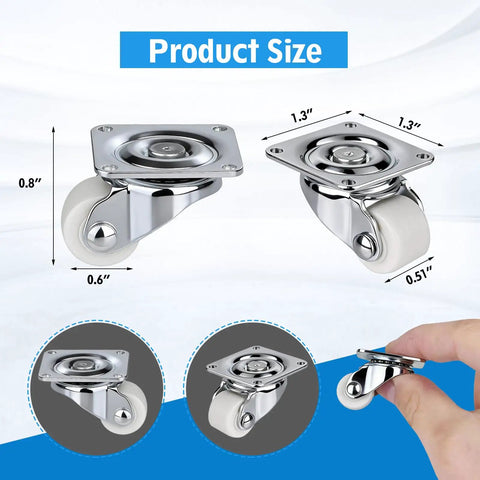 Product size details of No Sweat Install Smooth As Butter 0.6 Inch Mini Caster Wheels For Furniture with measurements.