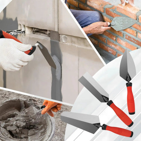 Three Piece Masonry Tools Set Featuring Seven Inch Gauging Trowel, Six Inch Margin Trowel, Five And A Half Inch Pointing Trowel in use