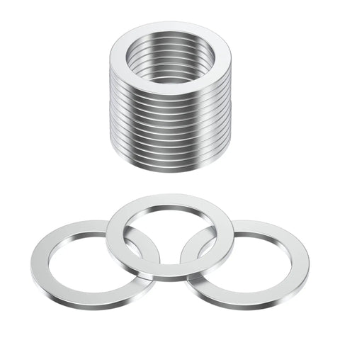 Stack of 15 aluminum crush washers showing 18mm Aluminum Oil Drain Plug Gasket Crush Washer Pack Of 15 For Leak Proof Seal Fits Ford Mazda Porsche Volvo Replacement Crush Washers For Quick Oil Changes Durable Aluminum Build Part Numbers 90012310630 977751 995641800