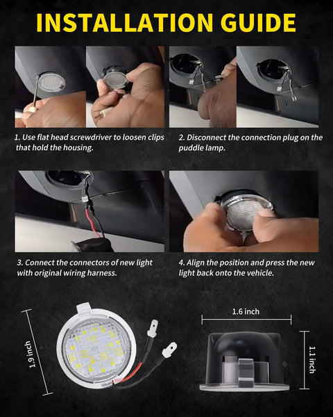 Installation guide for Ford LED Side Mirror Puddle Lights Kit With Mirror Signal Indicator showing step-by-step instructions.
