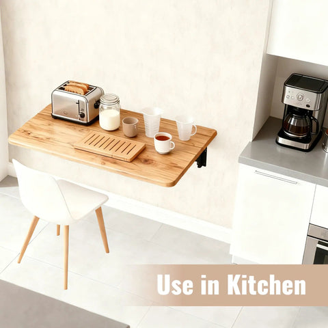 Wall Mounted Folding Table For Garage And Laundry Room Use, Handy Home Wall Desk And Folding Workbench, Space Saver That Handles Up To 100 Lbs, Solid Wall Mount Only, 15.7 By 31.5 Inches, Easy Fold Down Surface used in kitchen setup with toaster.