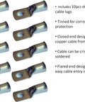 Image of 10 copper cable lugs from the All In One 2 AWG Copper Welding Battery Cable Kit With 20 Feet Red And 20 Feet Black Ten Copper Lugs And 3 Feet Heat Shrink Tubing Plug And Play Ready To Install Connections with product features listed on the side.