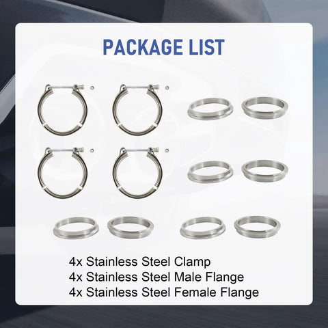 3 Inch V Band Flange Clamp Kit With Ridge Machined Flanges Stainless Steel 4 Clamps And 8 Flanges Package List