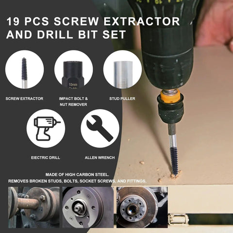 Screw extractor and drill bit set from 26 Piece Impact Bolt And Nut Remover Kit With Spiral Screw Extractor And 3 8 Drive Drill Bit For Removing Broken Studs Bolts Socket Screws And Fittings Heavy Duty Nut Splitter Set in use.
