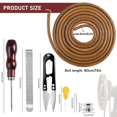 Two Pack Leather Heavy Duty Treadle Sewing Machine Belts 72 Inch 3 Sixteenth Inch Replacement With Hooks For Vintage Singer Jones Sewing Machines Plus 23 Accessories Kit, size view