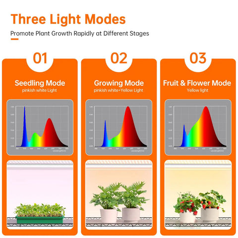 Three light modes infographic for Indoor Greenhouse With Grow Lights And 6 Tier Plant Shelf On Wheels 150W Full Spectrum Grow Lights