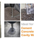 24-piece SDS-Plus concrete drill bit set, 3/16 x 7 in; collage shows tips and drilling in concrete from multiple angles