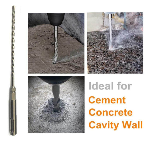 24-piece SDS-Plus concrete drill bit set, 3/16 x 7 in; collage shows tips and drilling in concrete from multiple angles