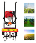 Front view of 52CC Gas Powered Tiller Cultivator With 2 Stroke Engine, hand push design shown with garden and farm scenery.