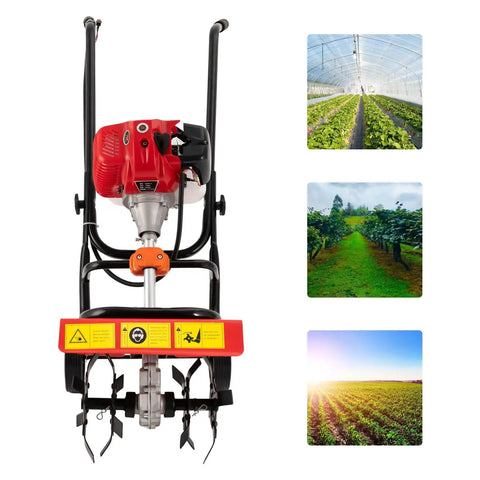 Front view of 52CC Gas Powered Tiller Cultivator With 2 Stroke Engine, hand push design shown with garden and farm scenery.