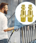 Man using pressure washer with Beefy Heavy Duty Brass One Quarter Inch NPT Male Air Hose Adapter Kit With Quick Connect Fittings