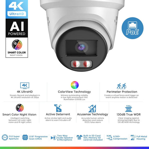 4MP Full-Color Night Vision PoE Turret Camera With 4mm Lens, real-time human and vehicle detection, strobe alarm, and audio features.