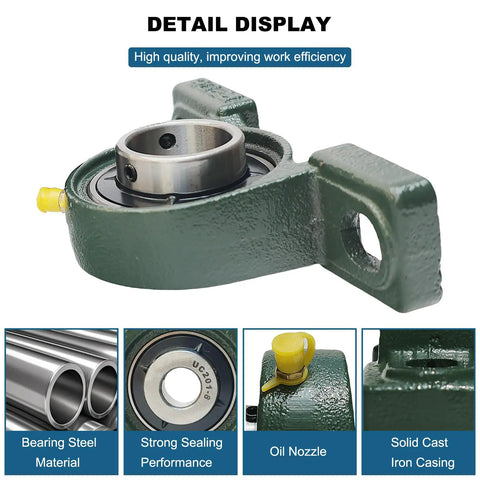 Close-up of Two Pack Mounted Pillow Block Bearing 1 Inch Bore With Solid Cast Iron Base Self Alignment Includes Screws And Nuts