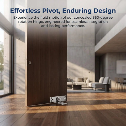 Stainless Steel Concealed Pivot Hinge Delivering Smooth As Butter 360 Rotation For Cabinets, showing a wooden door with hidden hinge.
