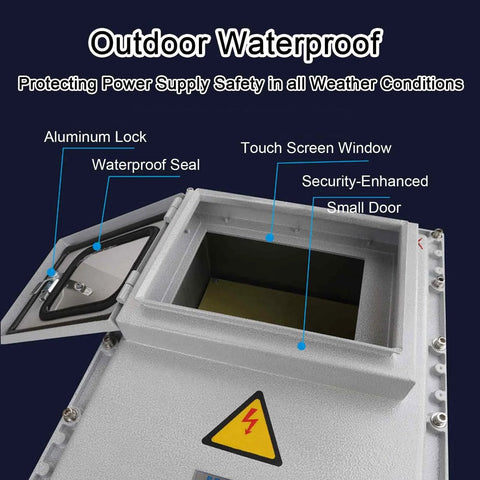 Outdoor waterproof junction box with cast aluminum housing, viewing window, lockable door and mounting plate.