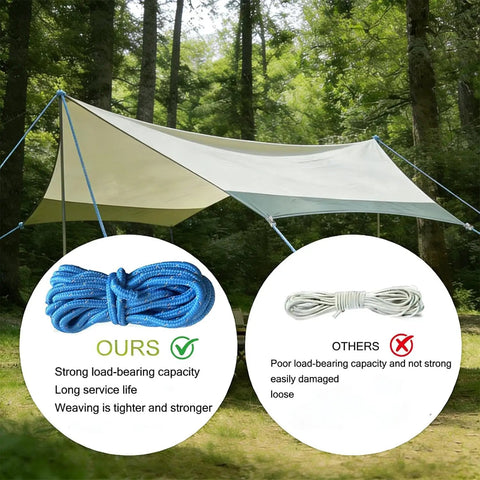 Comparison of blue paracord with strong capacity vs weak white rope for Six Pack Heavy Duty Paracord Rope Roller Tensioner Kit With Retractable Buckle And Cam Buckle Adjuster For Camping Boating And Gear Securing One Hand Operation.