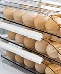 Three Layer Ramp Type Auto Rolling Egg Holder For Fridge, clear stackable egg storage with 54 eggs, side view