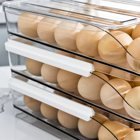 Three Layer Ramp Type Auto Rolling Egg Holder For Fridge, clear stackable egg storage with 54 eggs, side view