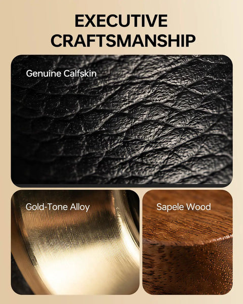 Lux Calfskin Cigar Holder And Mouthpiece Set With Leakproof Seal Ring Premium Sapele Wood Gift Kit material details: calfskin, gold alloy, wood.