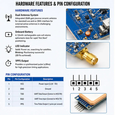 Two Pack NEO 7M GPS Module Bundle With SMA Antenna Interface For Arduino STM32 C51 showing hardware features and pin configuration
