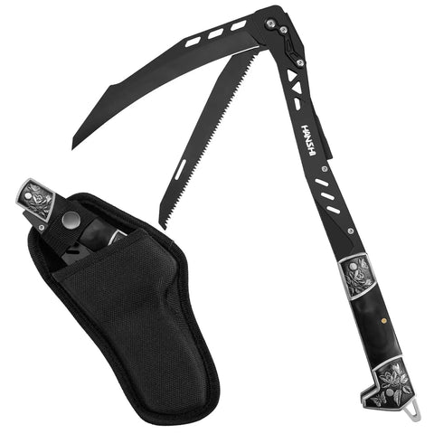 Foldable Sickle With Sheath, Knife And Saw All In One For Adventure, featuring black steel blade and nylon sheath