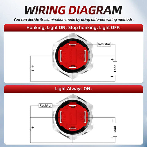 Wiring diagram for 12V 20A Beefy 16mm Metal Horn Button Switch with Blue LED for installation options in marine, auto, air, train.