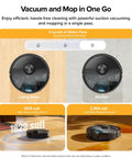 Smart Robot Vacuum And Mop With Self Empty Dock No Fuss Hands Free Cleaning Up To 9 Weeks 10000Pa Suction Q7 M5 Plus Dual Anti Tangling System For Pet Hair And Carpet Precise LiDAR Navigation App Control Black shown in living room and kitchen settings