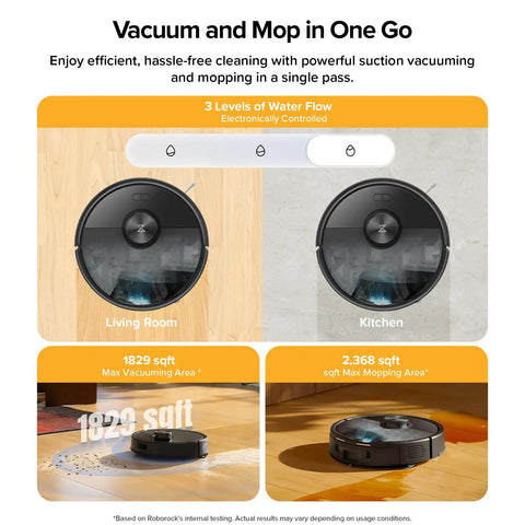 Smart Robot Vacuum And Mop With Self Empty Dock No Fuss Hands Free Cleaning Up To 9 Weeks 10000Pa Suction Q7 M5 Plus Dual Anti Tangling System For Pet Hair And Carpet Precise LiDAR Navigation App Control Black shown in living room and kitchen settings