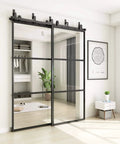 Bypass Glass Barn Door Set 72 X 84 Inches with 6 Foot Double Hardware Kit, soft close, black carbon steel frame, installed in room