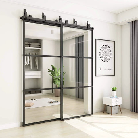 Bypass Glass Barn Door Set 72 X 84 Inches with 6 Foot Double Hardware Kit, soft close, black carbon steel frame, installed in room