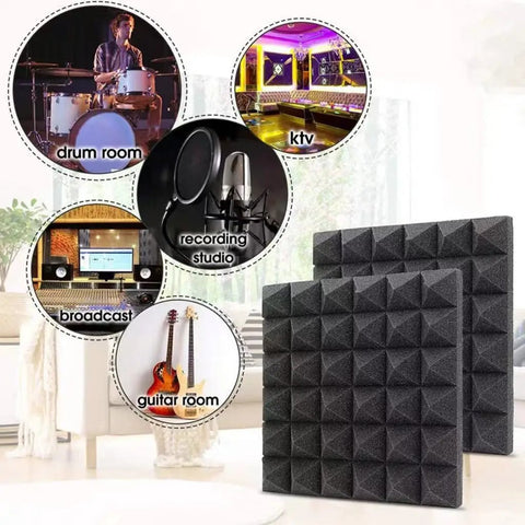 Top Shelf 12 Pack Pyramid Acoustic Foam Wall Panels For Home Studio Soundproofing And Podcast Booths with various uses in music rooms.
