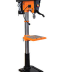 Smooth Cranking Floor Standing Drill Press 13 Amp With Fourteen Inch Pivoting Cast Iron Table and spindle travel for precise drilling.