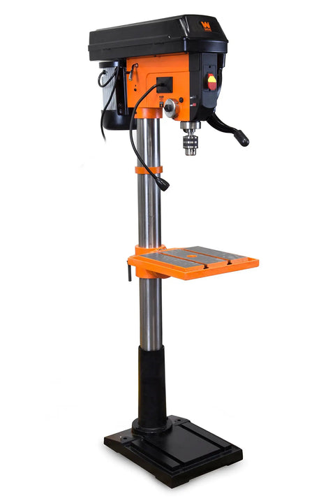 Smooth Cranking Floor Standing Drill Press 13 Amp With Fourteen Inch Pivoting Cast Iron Table and spindle travel for precise drilling.