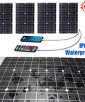 Weekend Warrior Solar Power Kit 6000W Inverter 100W Waterproof Panel showing four panels and water droplets, perfect for RV and boat use.