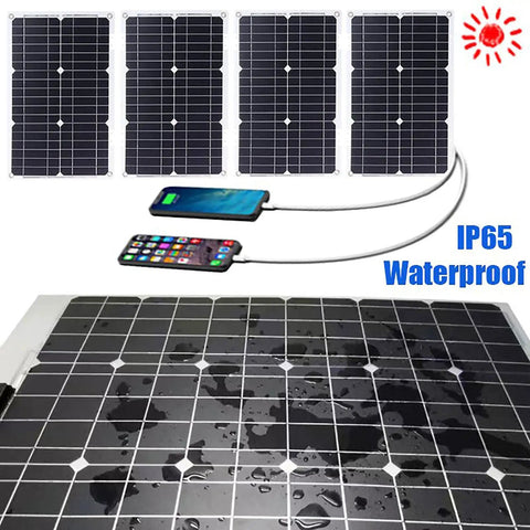 Weekend Warrior Solar Power Kit 6000W Inverter 100W Waterproof Panel showing four panels and water droplets, perfect for RV and boat use.