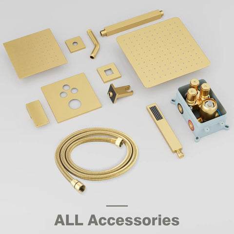 Legit Top Shelf Gold Shower System With Heavy Duty All Metal Dual Rainfall Ceiling And Wall Mount Handheld Sprayer Featuring Quick Push Button Diverter Valve For Solid Fresh Bathroom Refresh Project Upgrade