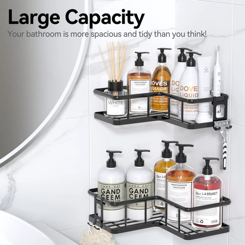 Installed No Drill Corner Shower Caddy Set, Stainless Steel Wall Mounted Bathroom Organizer With Removable Hooks, Rustproof Shower Shelf, 2 Pack For Dorms And Renters, Black holding bottles.