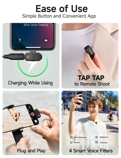 Pocket Size Wireless Lavalier Microphone With AI Voice Filter MFi Certified And Noise Cancellation For Iphone And Android Crisp Studio Sound 48kHz 16bit 30 Hour Battery With Charging Case For TikTok YouTube Video Creation features ease of use with charging, remote shoot, plug and play, and voice filters.