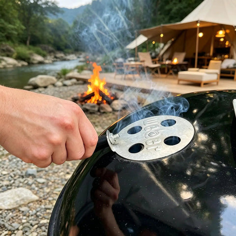 Cool Touch Damper Handle for Smokey Mountain WSM Kettle Grill in use near campfire, thumb knob detail.