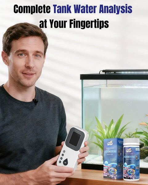 Man holding 6 In 1 Digital Aquarium Water Test Strips Kit for freshwater and saltwater tanks near fish tank.