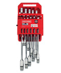 Ratcheting Wrench Set Metric 11 Piece 72 Tooth Box End Quick Engagement 15 Degree Offset Chrome Finish in red holder