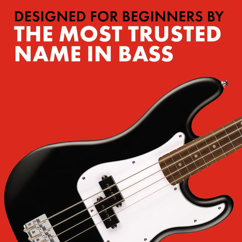 Squier Debut Series Precision Bass Starter Pack With Rumble 15 Amp in Black Satin Urethane, close-up view of bass guitar body.