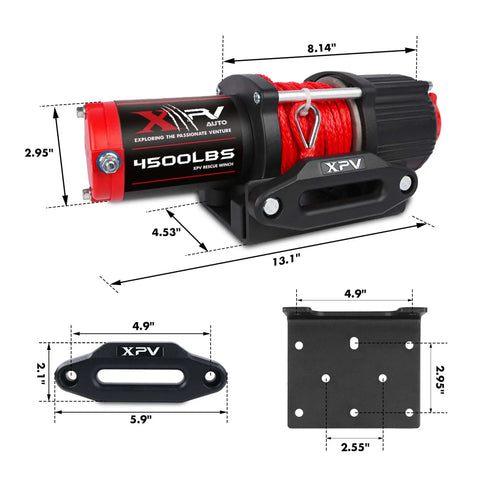 Beefy 12V 4500 Lb Electric Winch for ATV and UTV Off Road Adventures with mount bracket and synthetic rope dimensions